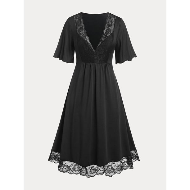 Vestido Midi Talla Extra con Escote Pico con Panel de Encaje Rosegal Vestidos casuales de talla grande