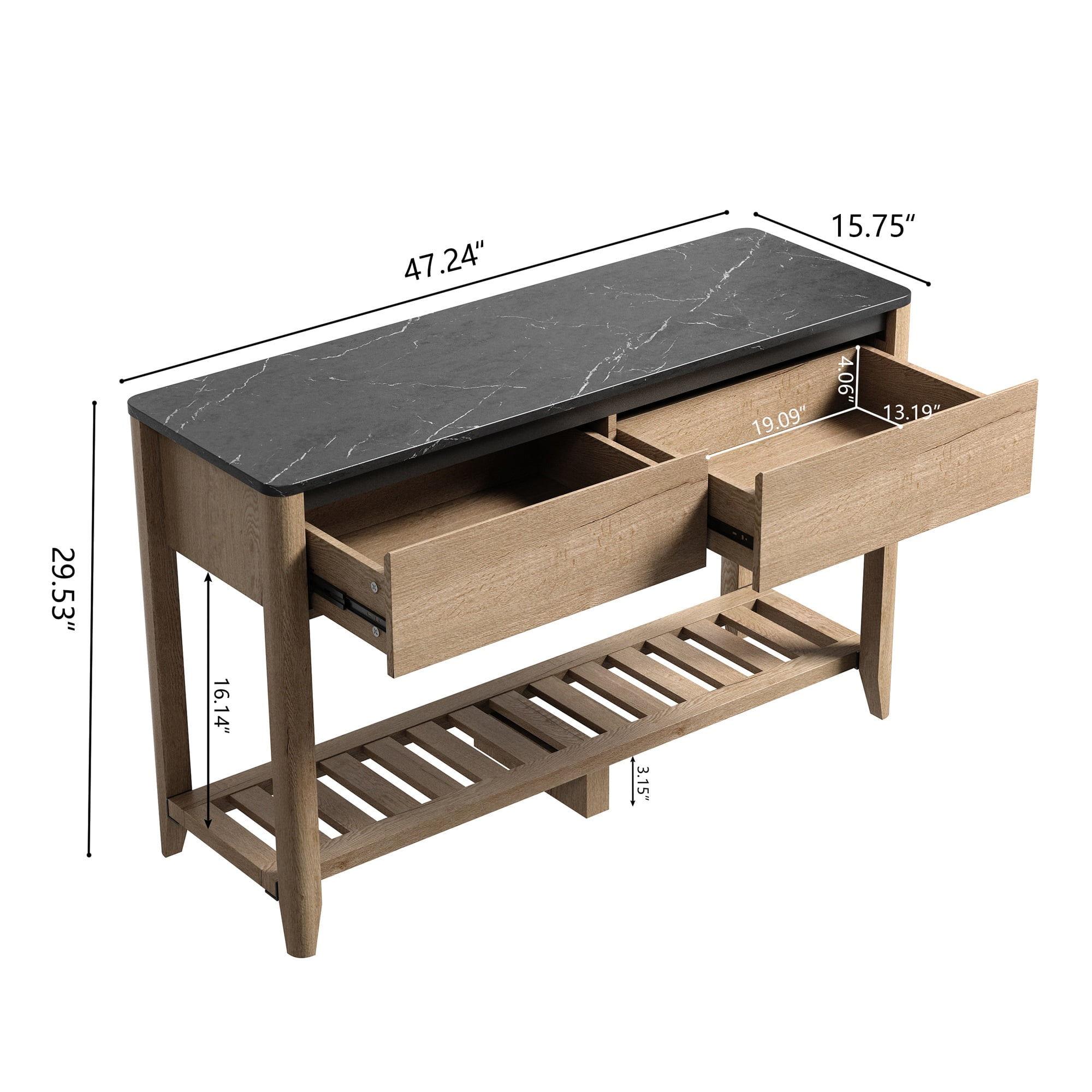 Kepooman Farmhouse Double Drawers Console Table for Living Room or Entryway, Tobacco Wood and Black Marble Texture Kepooman Farmhouse Double Drawers Console Table for Living Room or Entryway, Tobacco Wood and Black Marble Texture
