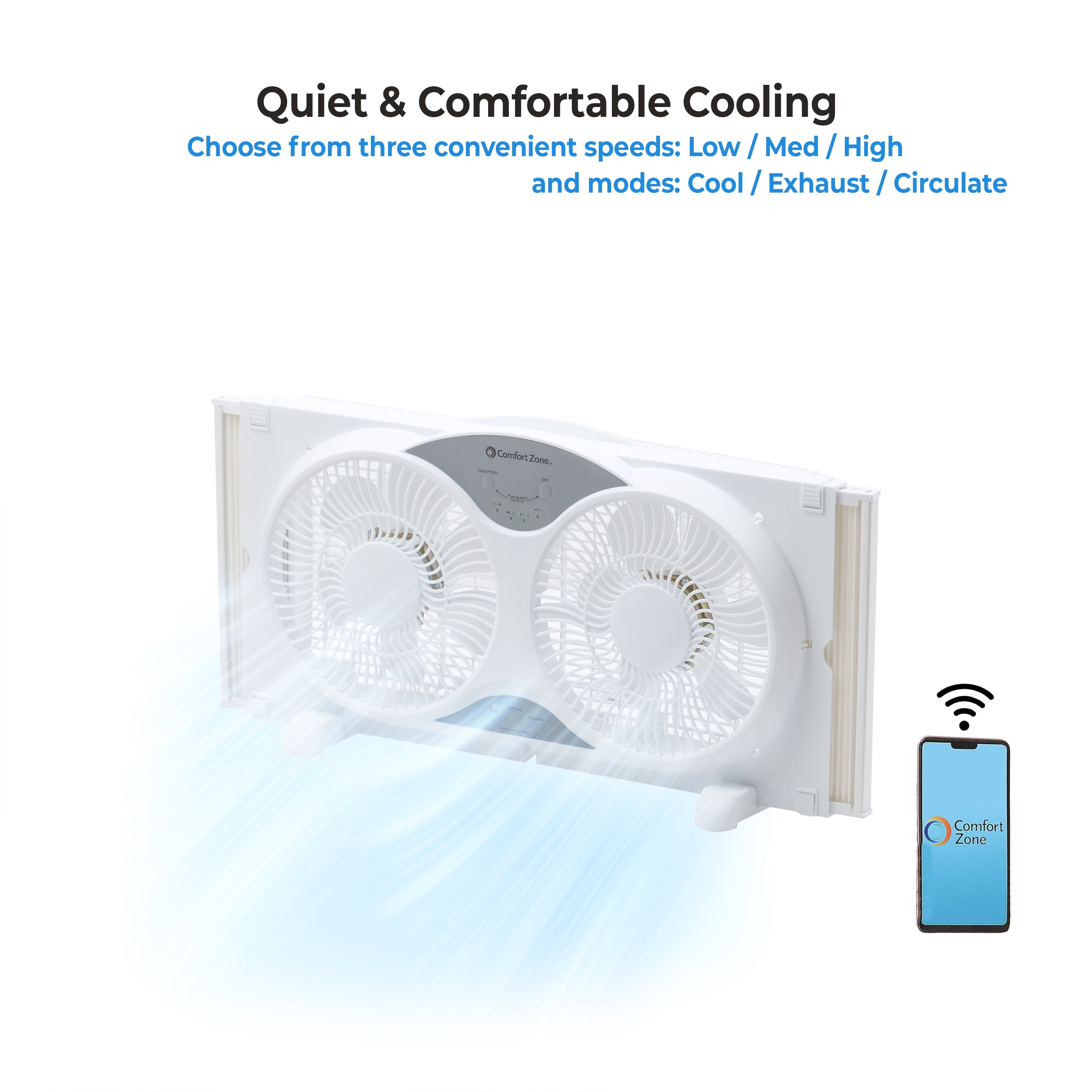 Comfort Zone Smart Wi-Fi Reversible Twin Window Fan with Cover and Bug Screen