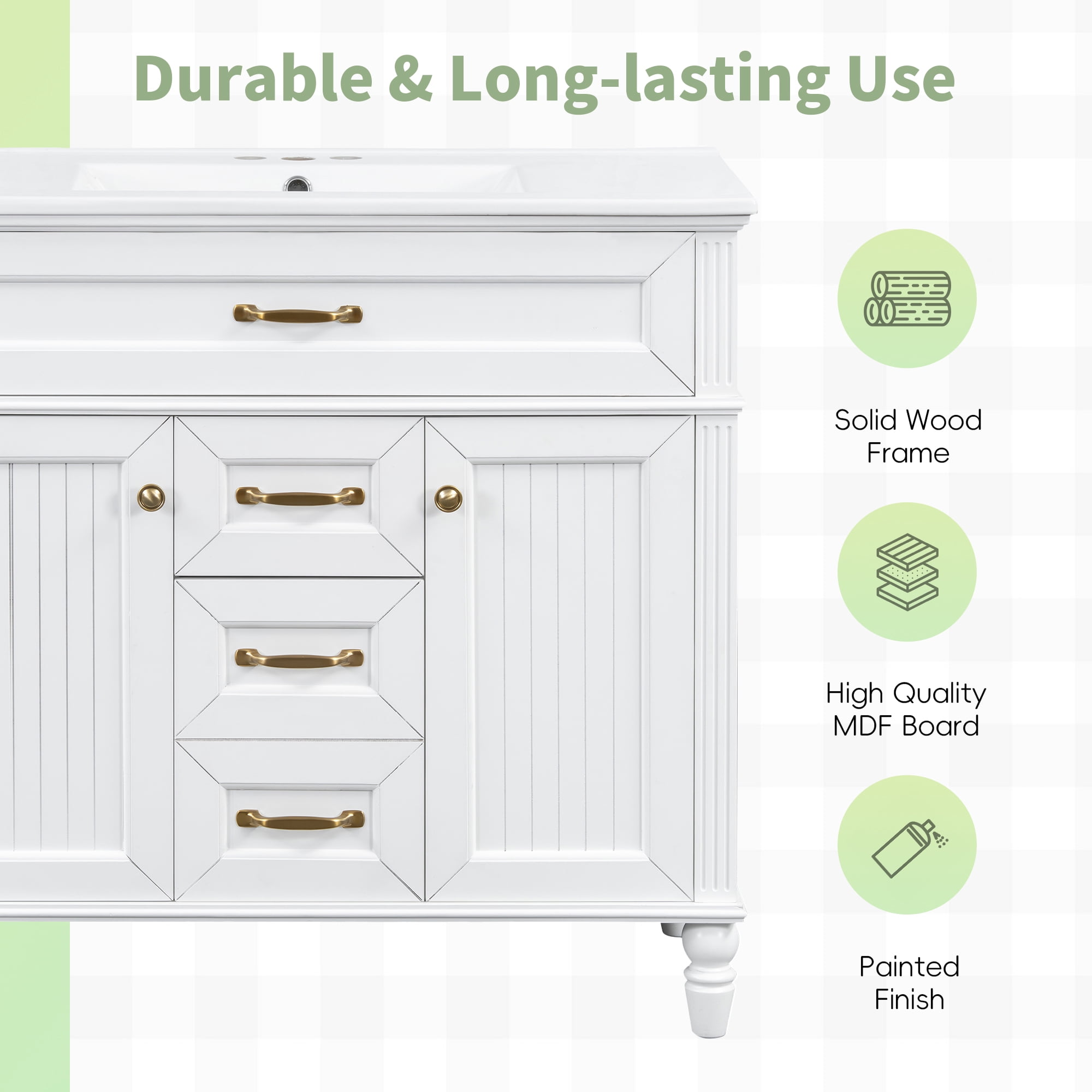 Euroco 36 Inch Bathroom Vanity with Sink Combo, White Freestanding Cabinet with Ceramic Basin, MDF + Solid Wood Frame, Flip-Out Top Drawer, Soft Close Doors, 2 Storage Drawers, Golden Handles