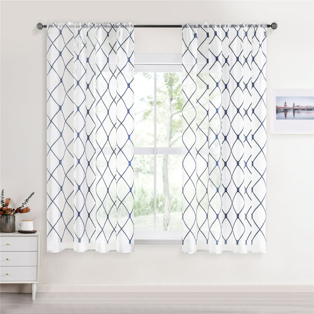 Topfinel White Sheer Curtains 72" Length Navy Embroidered Diamond Rod Pocket Window Curtains for