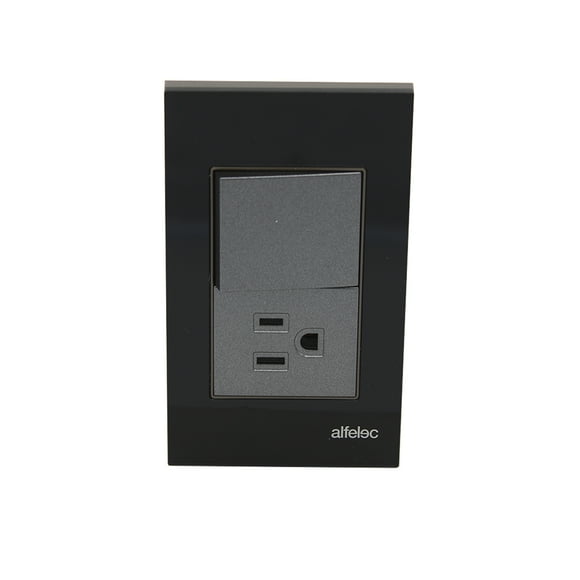 Placa con 1 apagador y 1 Contacto en Acrílico Negro Alfelec 5 Pzs Alfelec Linea Moon Black