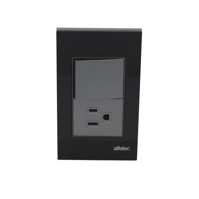 Placa con 1 apagador y 1 Contacto en Acrílico Negro Alfelec 5 Pzs Alfelec Linea Moon Black