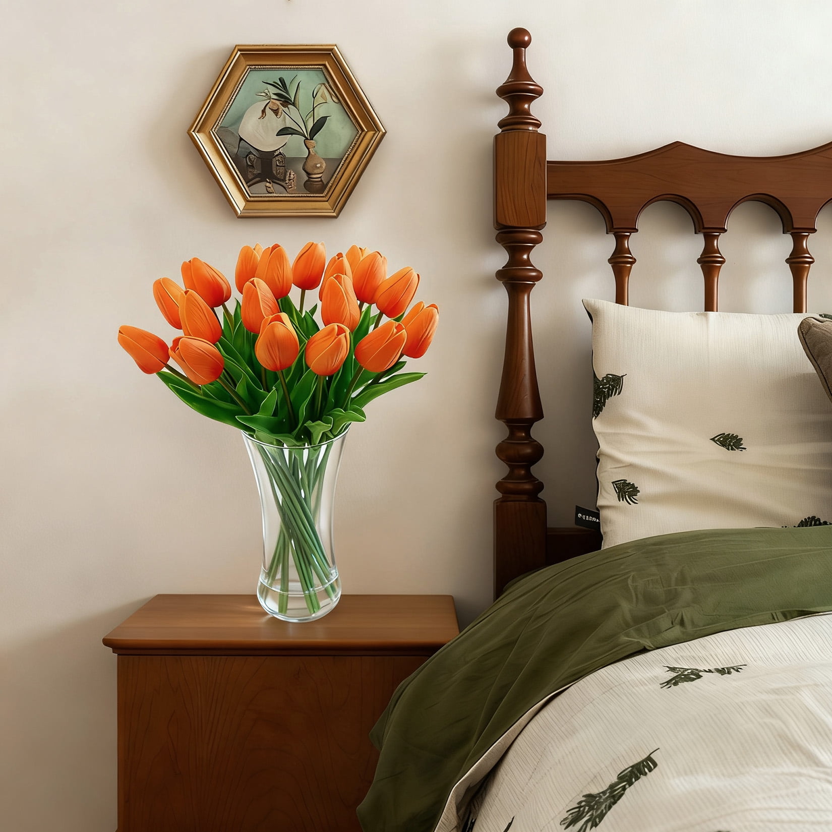 20 Pcs Artificial Real Touch Tulips Flowers in Glass Vase, Orange Tulip Arrangement with Faux Water for Dining Table Home Decor Wedding Centerpieces
