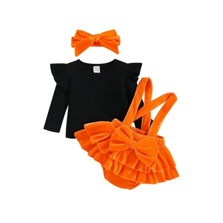 

uukiA 0-12 Months Newborn Baby Girl Solid Color Top Velvet Suspender Romper Shorts And Headband 3PCs Outfits Set