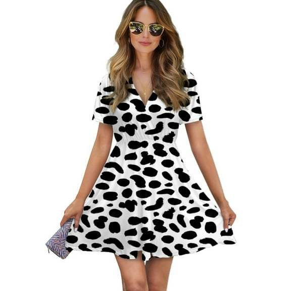 Dalmatian Pattern Women Dress V-Neck Short Sleeve Flowy Swing Party Midi Dress