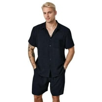 Men's 2 Pieces Cotton Linen Set Short Sleeve Button Down Shirts Summer Beach Shorts Casual Outfits