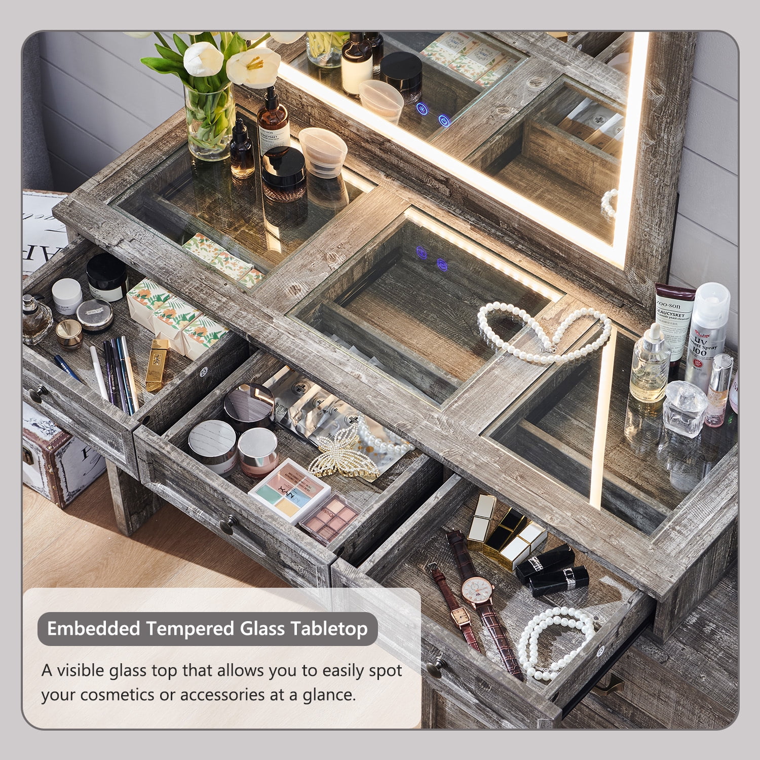 Farmhouse Vanity Desk with Glass Top, Corner Makeup Vanity Set with 30" HD Led Mirror and 3 Color Available Lights, 9 Storage Drawers, Wood Vanity Table for Bedroom