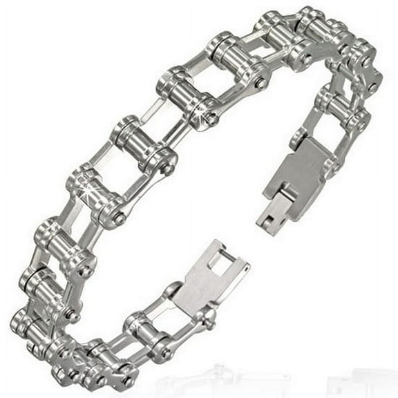 Stainless Steel Silver-Tone Link Bike Chain Mens Bracelet with Clasp