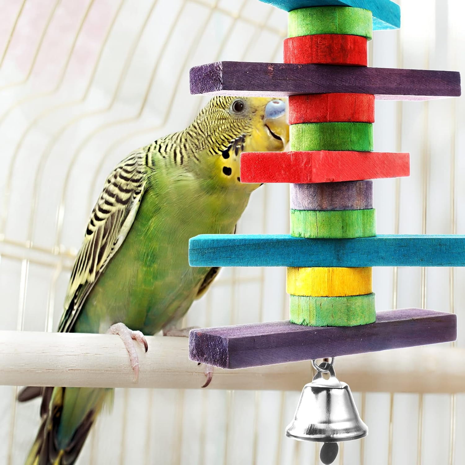 Bird Parrot Toys with Multicolored Natural Wood Blocks, Bird Chew Toys for Parrots Chewing Biting Foraging, 2 Designs