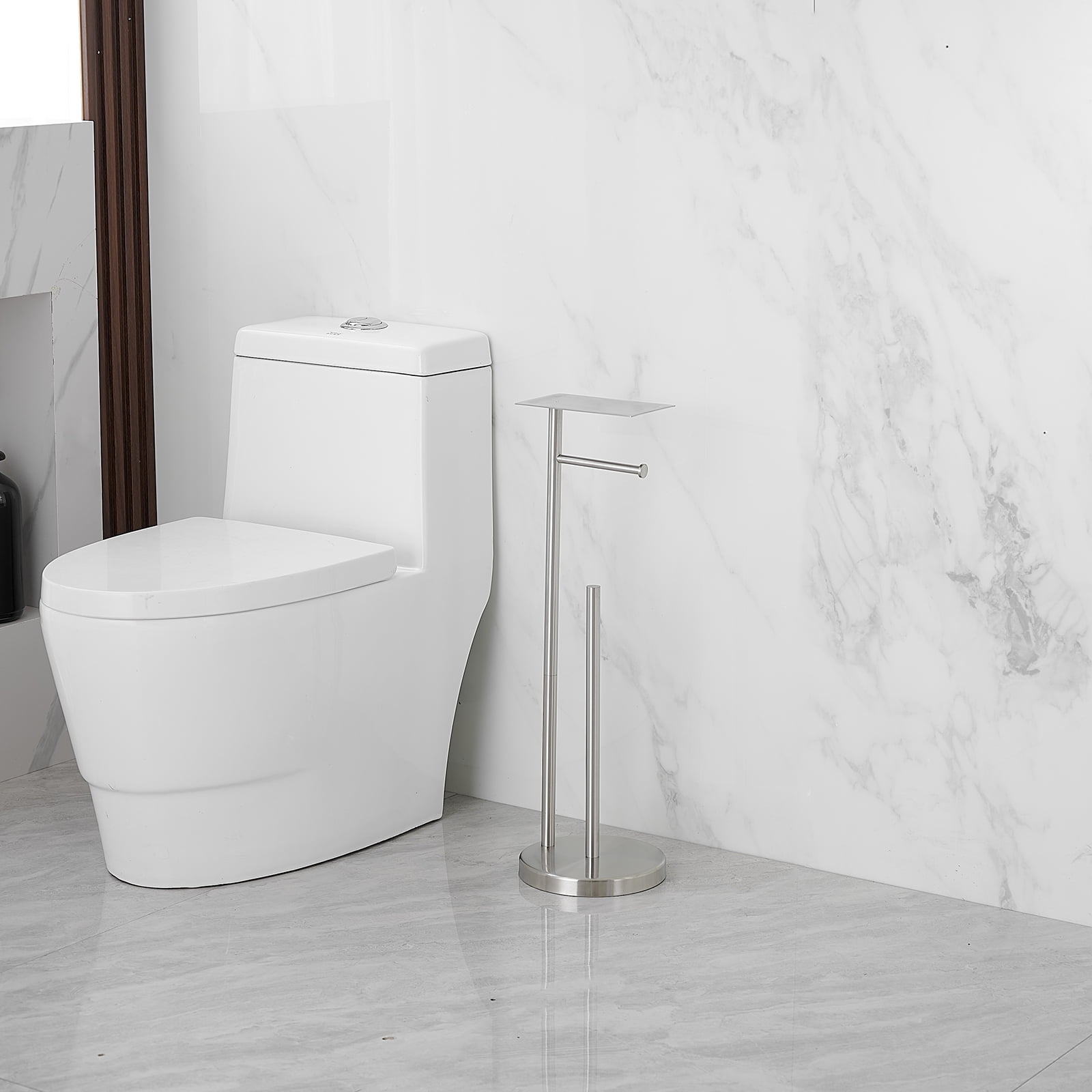 Round Free Standing Toilet Paper Holder with Top Storage Shelf in Brushed Nickel