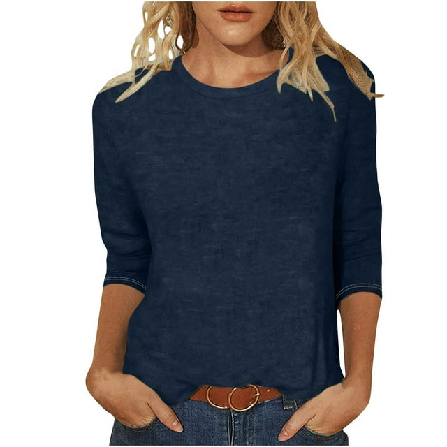 Admvng Blouses pour Femmes Habillées Décontractées Col Rond Manches 3/4 T-shirt Ample Basique Hauts Femmes P-2TG