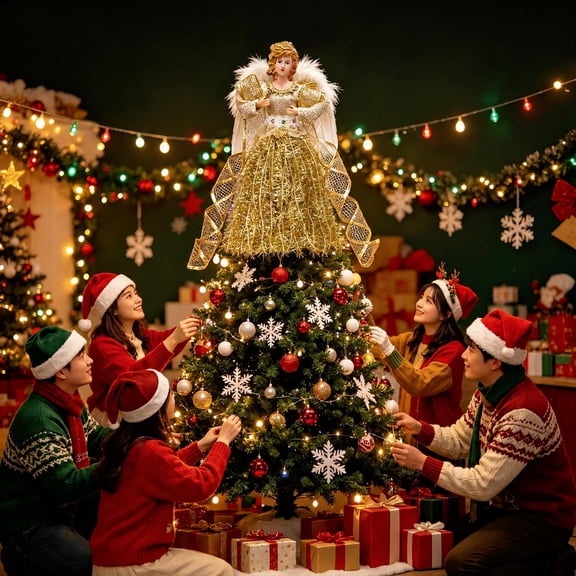 Christmas Tree Topper Angel, Gold Angel Figurine Tree Top Decoration for Holiday Trees, Home and Xmas Party Decorations