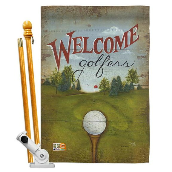Breeze Decor BD-SP-HS-109064-IP-BO-D-US18-SB 28 x 40 in. Vertical Welcome Golfers Interests Sports Impressions Decorative Double Sided House Flag Set with Pole & Bracket Hardware