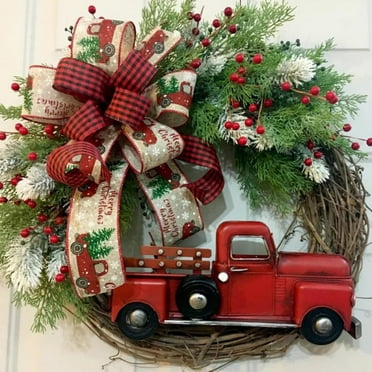 Christmas Wreath Red Truck Wreath Door Hanging Farmhouse House Buffalo Check Bow Truck Wreath Christmas