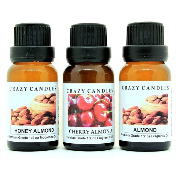 3 Bottles Set, 1 Almond, 1 Cherry Almond, 1 Honey Almond 1/2 Fl Oz Each 15ml Premium Grade Scented Fragrance Oils By Crazy Can