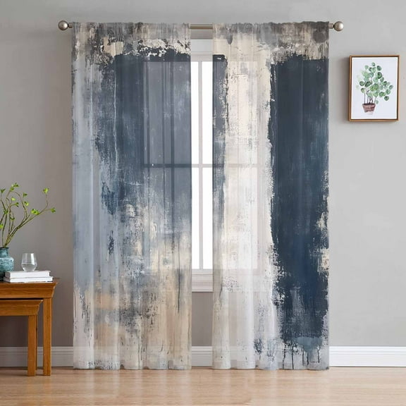 Navy Blue Grey Sheer Curtains 63 Inches Length 2 Panels Set, Window Sheer Curtains for Living Room/Bedroom, Modern Abstract Art Rustic Light Filtering Rod Pocket Curtain 52'' x 63'' x 2