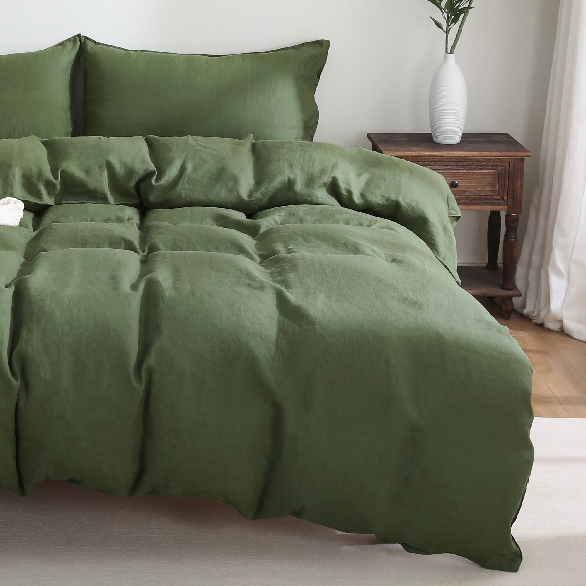 100% Pure Linen Duvet Cover with Button Closure and Corner Ties Soft & Breathable - Green Full/Queen