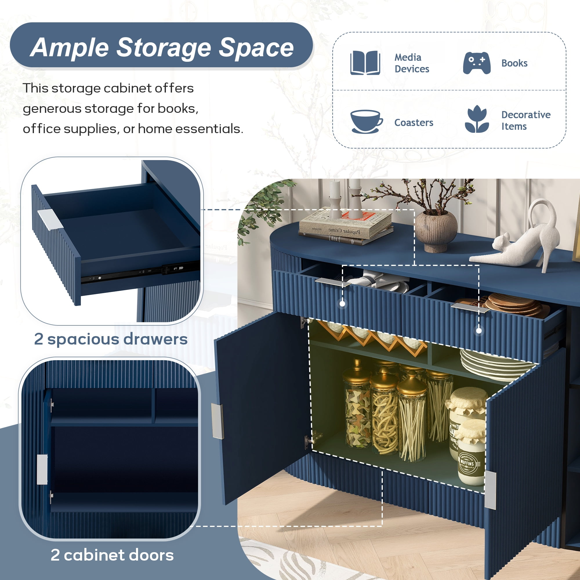 Euroco Modern Buffet Cabinet with Storage, 55.1" Large Sideboard with 2 Drawers,Curved Side Door & 3-Tier Shelves, Wood Coffee Bar Cabinets for Kitchen Living Room,Navy Blue