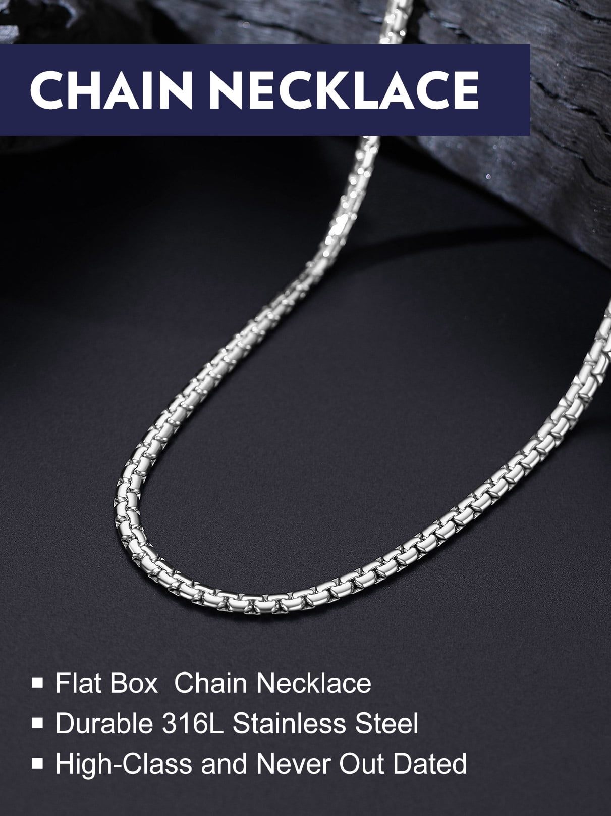 Bandmax 4MM Stainless Steel Flat Box Link Chains Necklace for Men Women Silver Cable Chain Jewelry Birthday Father Day Gift for Mens Son Husband Dad