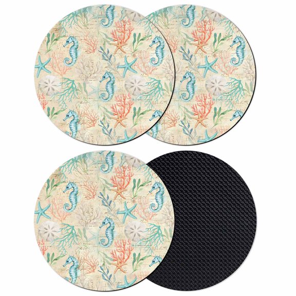 Teal Red Coastal Coasters Set of 4, Absorbent Coasters for Drinks, Nautical Seahorse Beach Coral Starfish Beige Coaster for Desk Coffee Table Protection, Home Decor House Warming Gifts 4"
