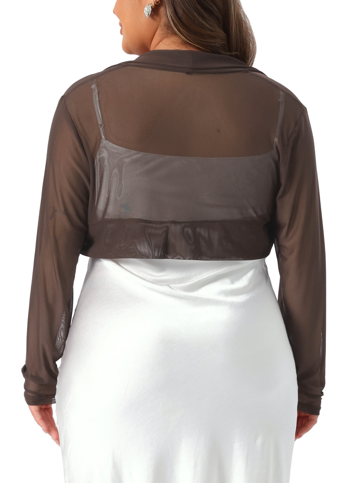 DARING DIVA Women's Plus Size Mesh Crop Long Sleeve Sheer Bolero Shrug Top 3X Coffee Brown