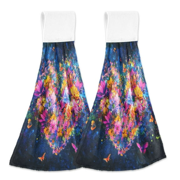 BZSMCE Hanging Hand Towels Fashion Heartfelt Blooms Pattern 2-Pack - Velcro Style Bathroom Kitchen Towels