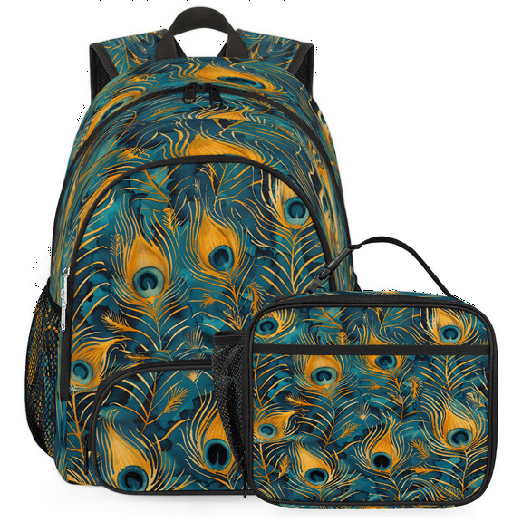 Herdesigns Bohemian Peacock Feather Large Backpack Set with Lunch Box Lightweight Water Resistant Travel Laptop Backpacks Casual Daypacks for Women Men