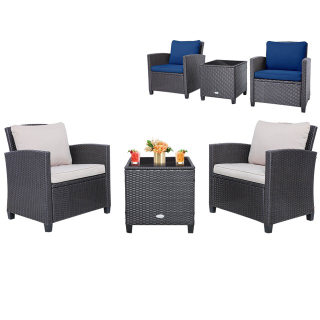 Gymax 3PCS Outdoor Patio Rattan Conversation Set w/ Beige & Navy Cushion
