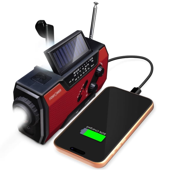 FosPower Solar Hand Crank Emergency Radio with Flashlight Cell Phone Charger, AM/FM/NOAA Weather Radio Power Bank, IPX3 SOS Alarm Reading Lamp, Red