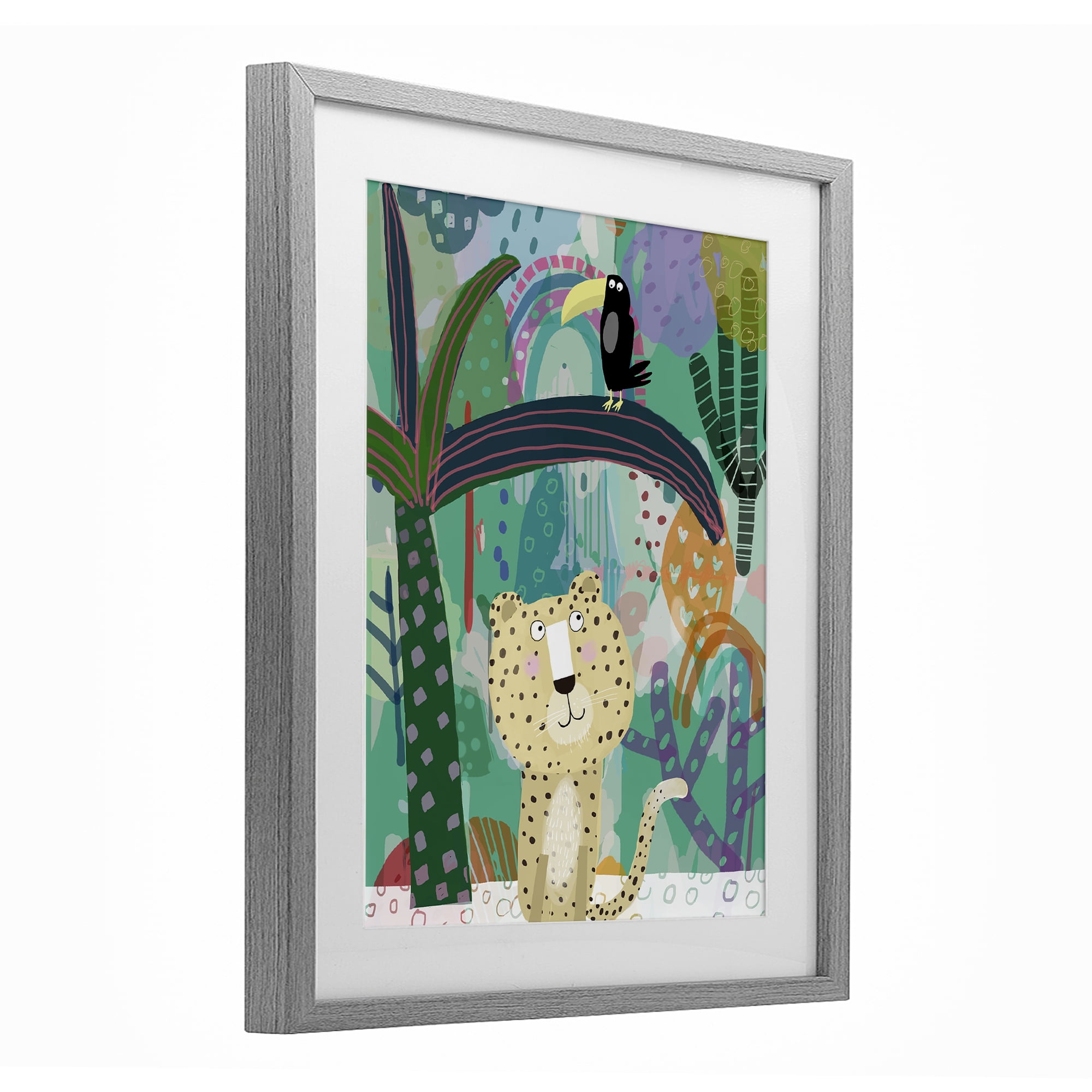 Jungle Cheetah & Toucan Gray Framed Print Under Glass, design by Carla Daly