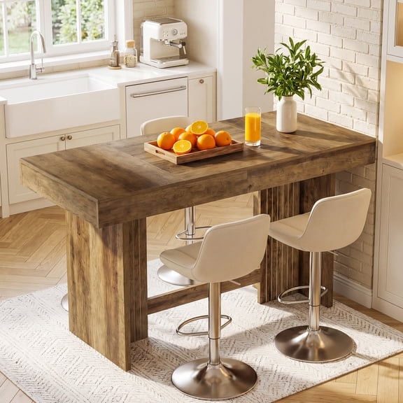 Finmind Kitchen Island, 55 inch Farmhouse Wooden Stationary Island Table with Large Worktop & Leg Room, Table for Meal Prep, Dining, Natural Brown