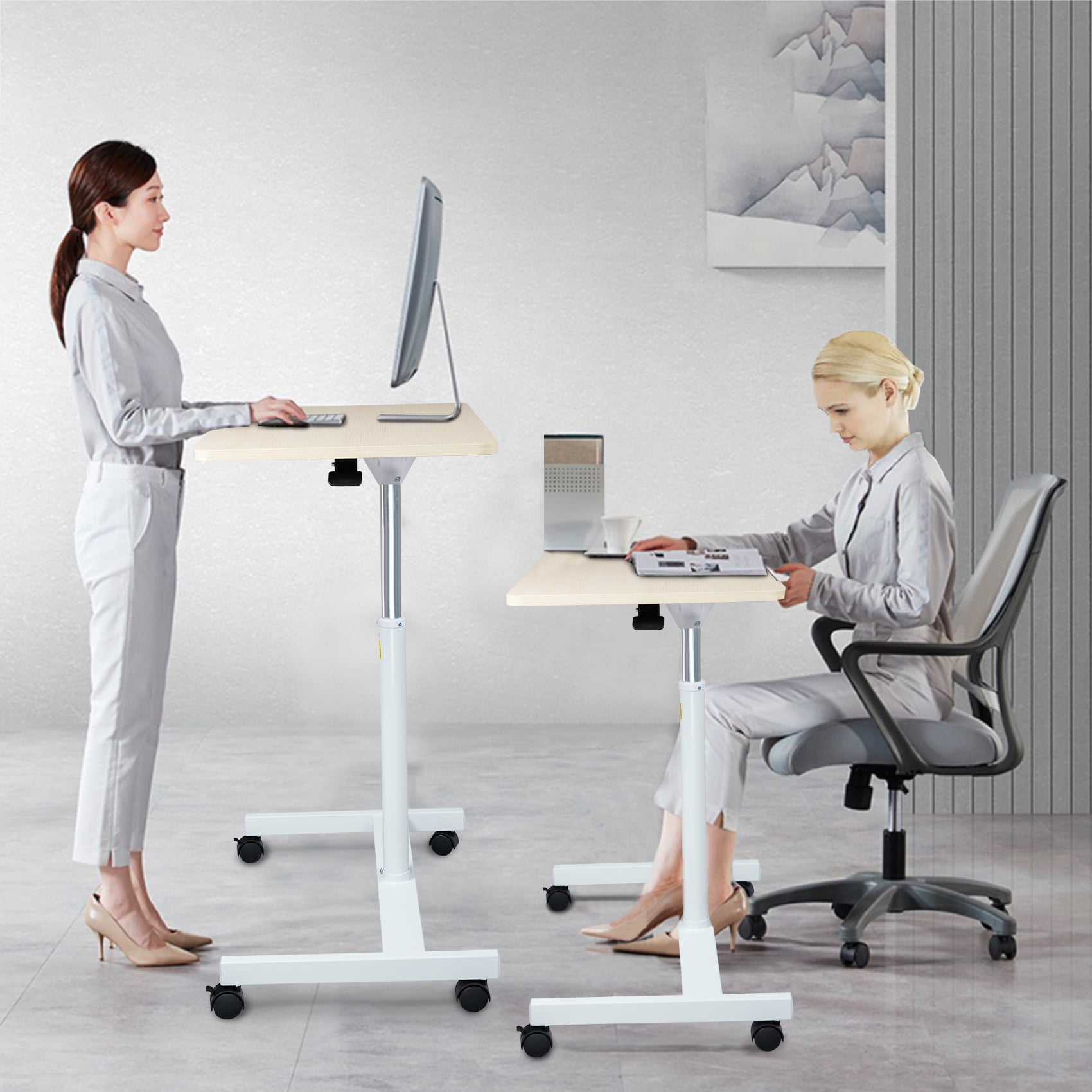 28 Inch Height Adjustable Laptop Sit Stand Desk with Wheels White Adjustable Rolling Standing Laptop Mobile Desk Cart Coffee Table