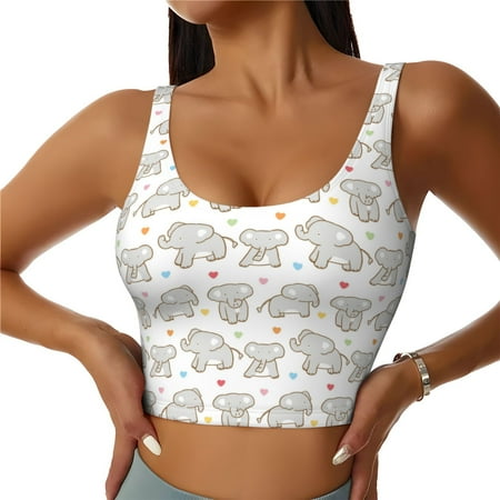 Picia Cartoon Elephant and Heart Pattern Sports Bra for Women Padded Strappy Sports Bras Medium Support Yoga Bra with Removable Cups Running Yoga Bra-X-Large