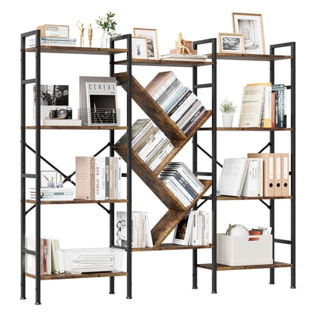Industrial 4-Tier Wooden Office Bookshelf – Sturdy Carbon Steel Frame – Modern Tree-Style Display Shelves – Space-Saving Heavy Duty Bookcase for Living Room or Home Office – Easy Assembly