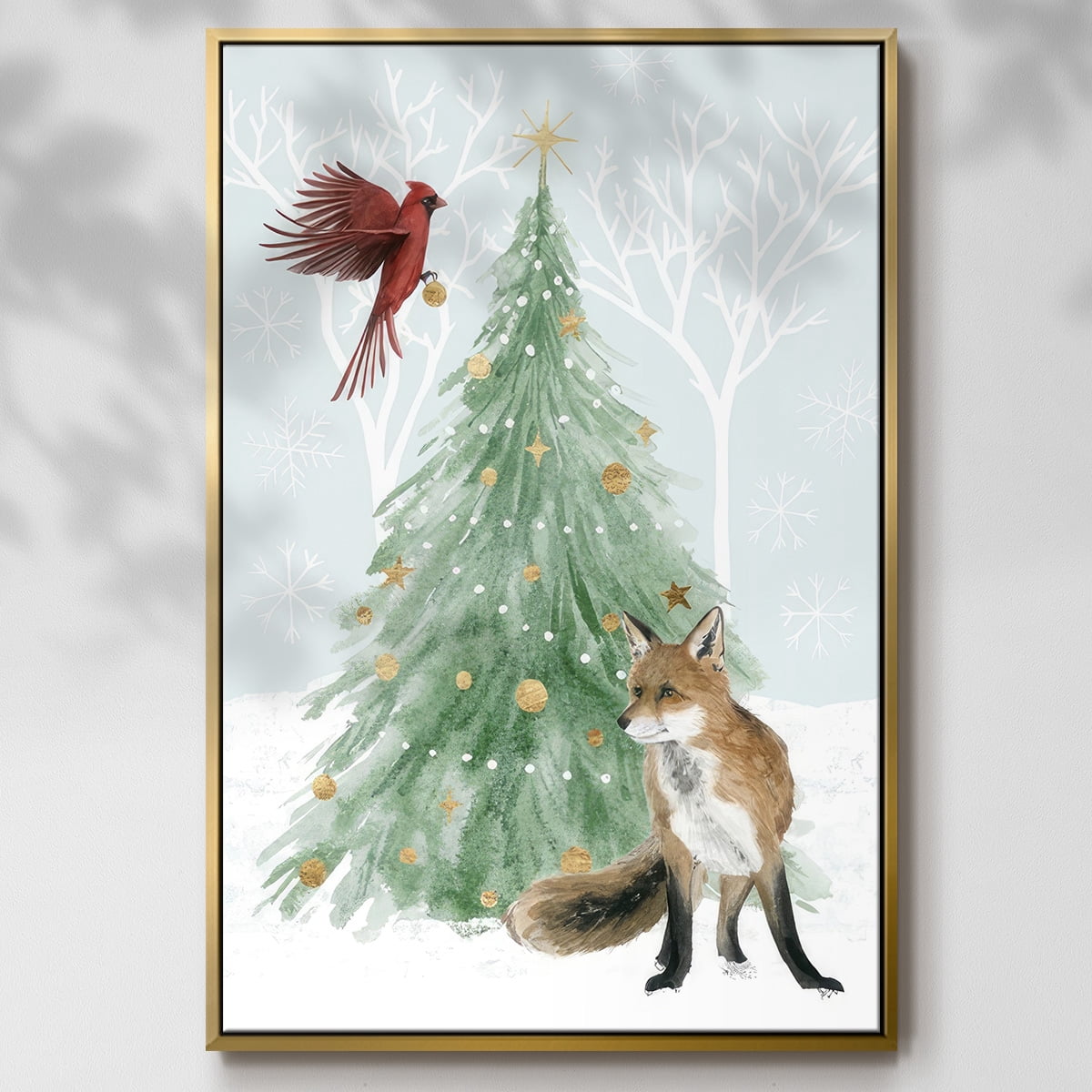 Christmas in the Forest Collection B - Framed Gallery Wrapped Holiday Canvas - 17 x 25 - Gold Frame
