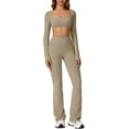 thumbnail image 1 of PISONIC Workout Sets for Women 2 Piece Square Neck Long Sleeve Crop Tops High Waist Flared Leggings Gym Sets, 1 of 12
