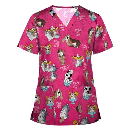 

QAZXD Womens V Neck Medical Nursing Uniform Floral Print Short Sleeve Scrub Tops with Two Pockets