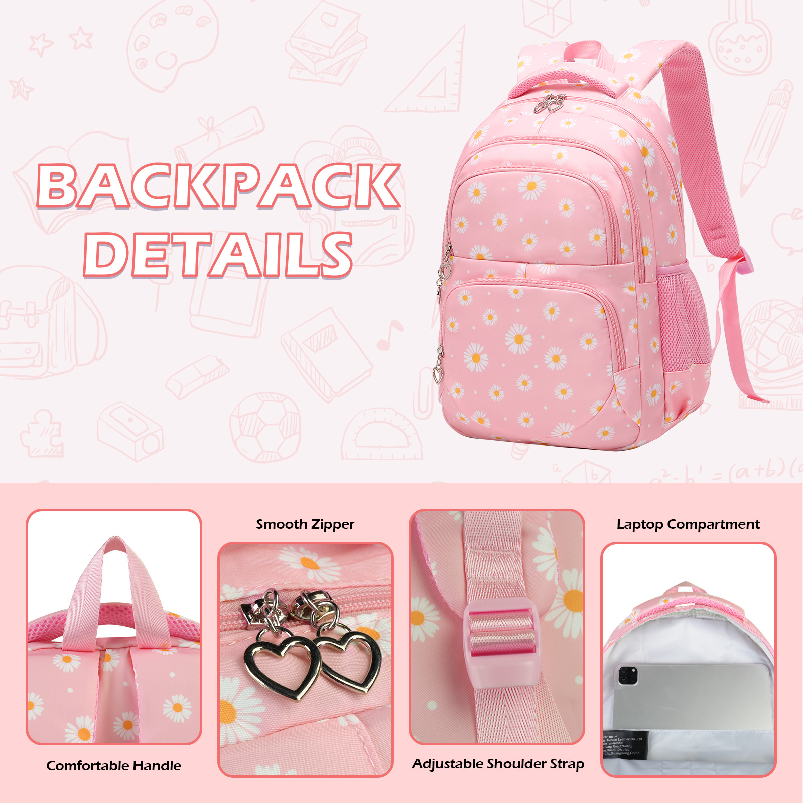 Set de Mochila Teen Forestfish con Lonchera Aislada y Cartuchera, Mochila Escolar de Nylon Resistente al Agua (Daisy A/Rosa) 6