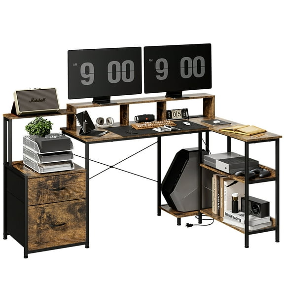 73'' L-Shaped Gaming Desk w/Power Outlet & LED Lights - Reversible Corner Computer Desk w/File Drawer, Shelves & Monitor Stand, Rustic Brown Wood Finish