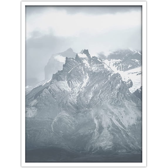 PixonSign Framed Wall Art Print Snowy Mountain Peak Below Clouds Nature Wilderness Photography Realism Modern Landscape Relax/Calm Blue Duotone for Living Room, Bedroom, Office - 12"x16" WHITE
