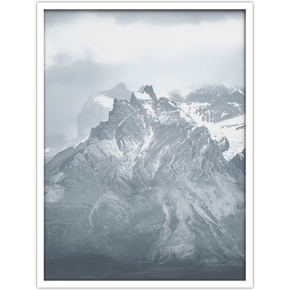 PixonSign Framed Wall Art Print Snowy Mountain Peak Below Clouds Nature Wilderness Photography Realism Modern Landscape Relax/Calm Blue Duotone for Living Room, Bedroom, Office - 12"x16" WHITE