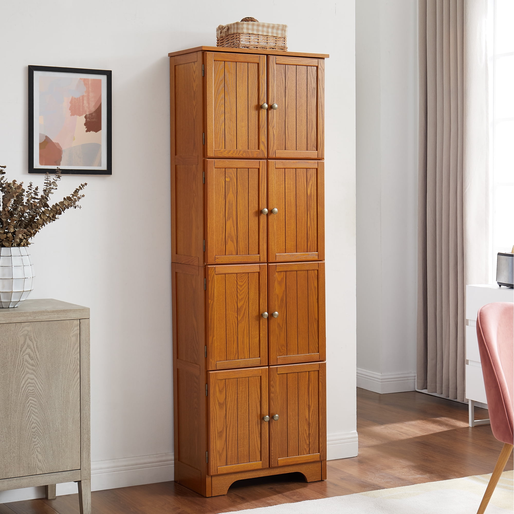 Leumius 72.4" Tall Storage Cabinet Tall Storage Cabinet with 8 Doors and 4 Shelves ,Bookshelf for Living Room, Kitchen, Dining Room, Office Oak