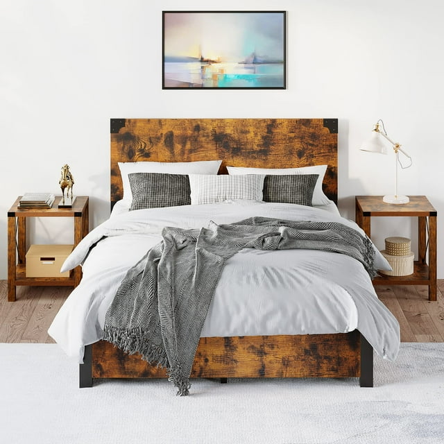 Bed Frame with Headboard, Platform Bed Frame with Under Bed Storage and Metal Legs, Bed Frame for Noise Free, No Box Spring Needed, Easy Assembly-Rustic Brown