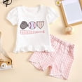 thumbnail image 4 of NOLDARES Baby Girl Summer Outfit Short Sleeve Embroidery Plaid baseball Print T-shirt Toddler Girl Summer Clothes Short Set(A1-Pink,6-12 Months), 4 of 9