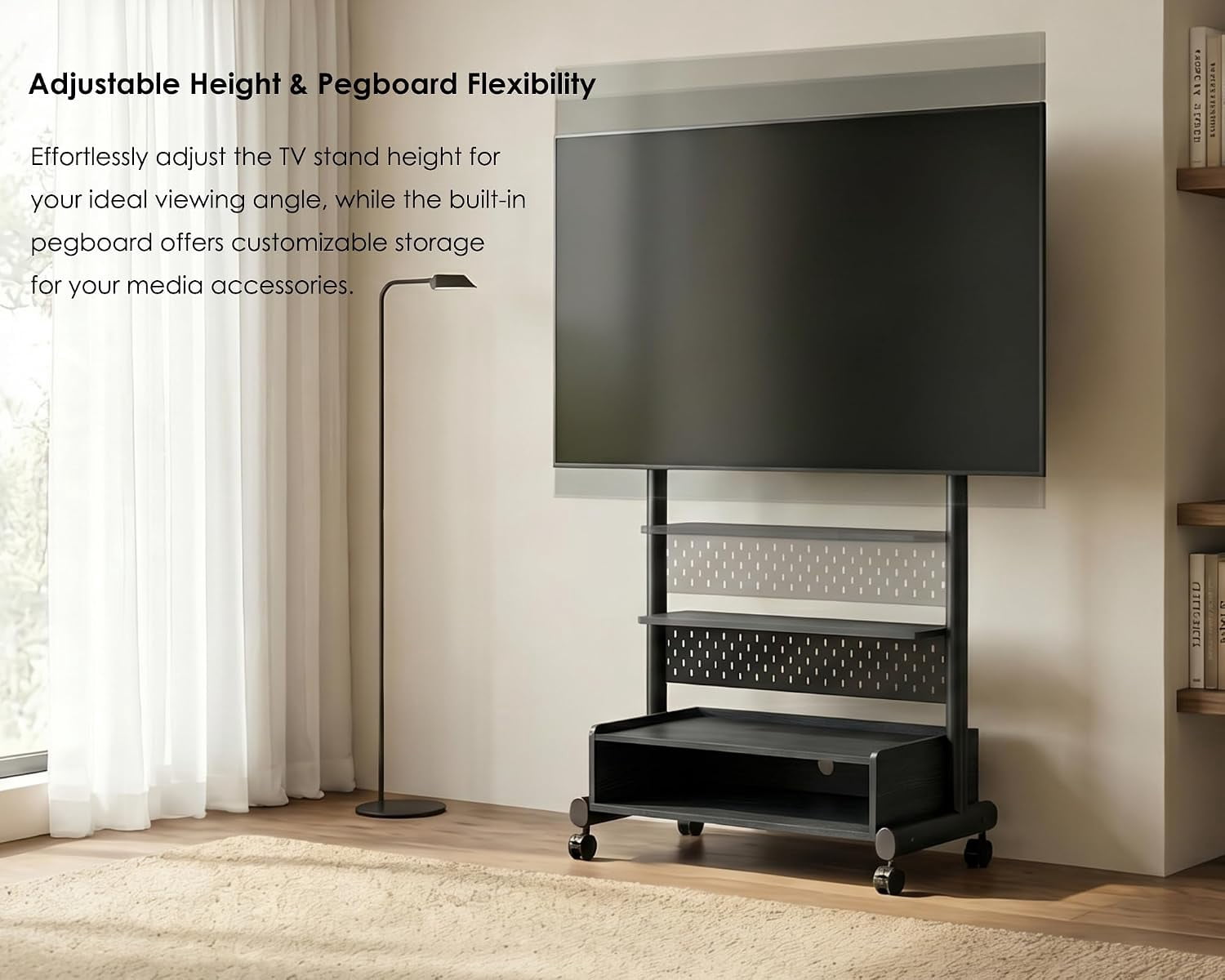 FITUEYES Rolling TV Stand for 40–85 Inch TVs, Black, Storage & Pegboard