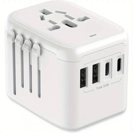 Universal International Power Travel Plug Adapter, 5 In 1 European Travel Plug Adapter W/ 3.5A 2 X USB-A And 2 X Type C Wall Charger And Worldwide AC Outlet For Europe USA UK AUS Asia
