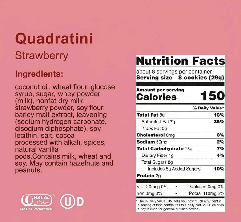 Quadratini Strawberry, NON-GMO Bite-size Wafer Cookie, 8.82 oz, pack of 6