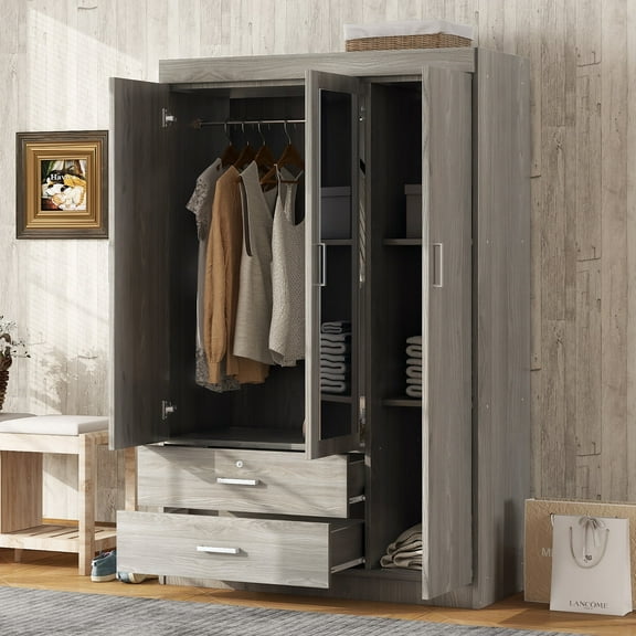 Cterwk 3 Door Wardrobe with Shelves and Mirror, Gray