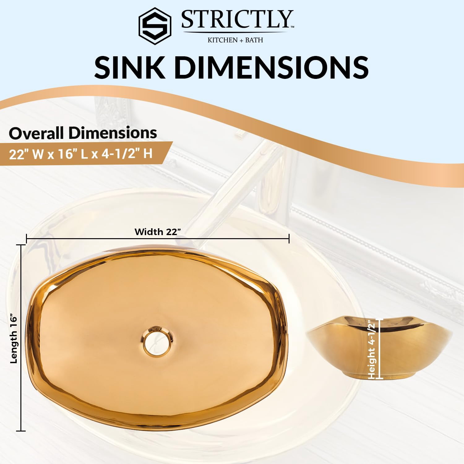 Strictly Sinks 19 Inch Gold Vessel Sink – Gold Glossy Ceramic Countertop Bathroom Sink